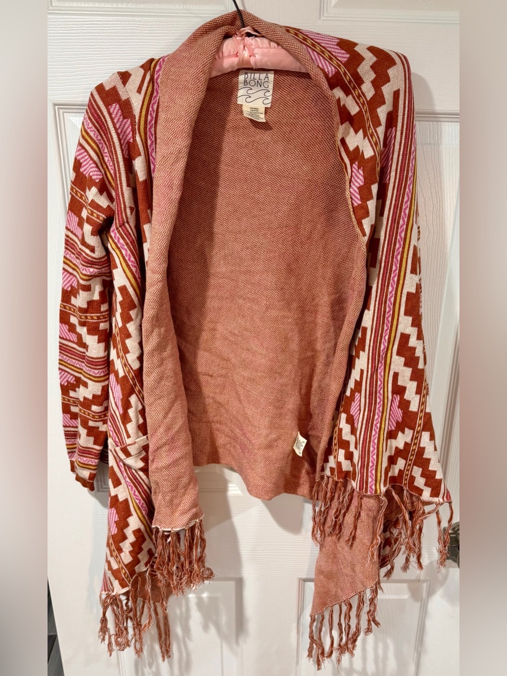 Billabong Pink Rust Aztec Fringe Open Cardigan